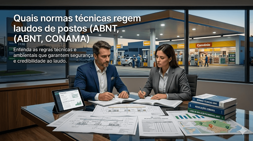 Quais normas técnicas regem laudos de postos (ABNT, CONAMA)